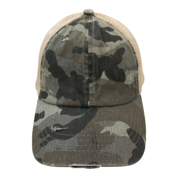 C C Exclusives Distressed Camo Ponytail Mesh Strapback Cap Baseball Hat - Picture 7 of 13